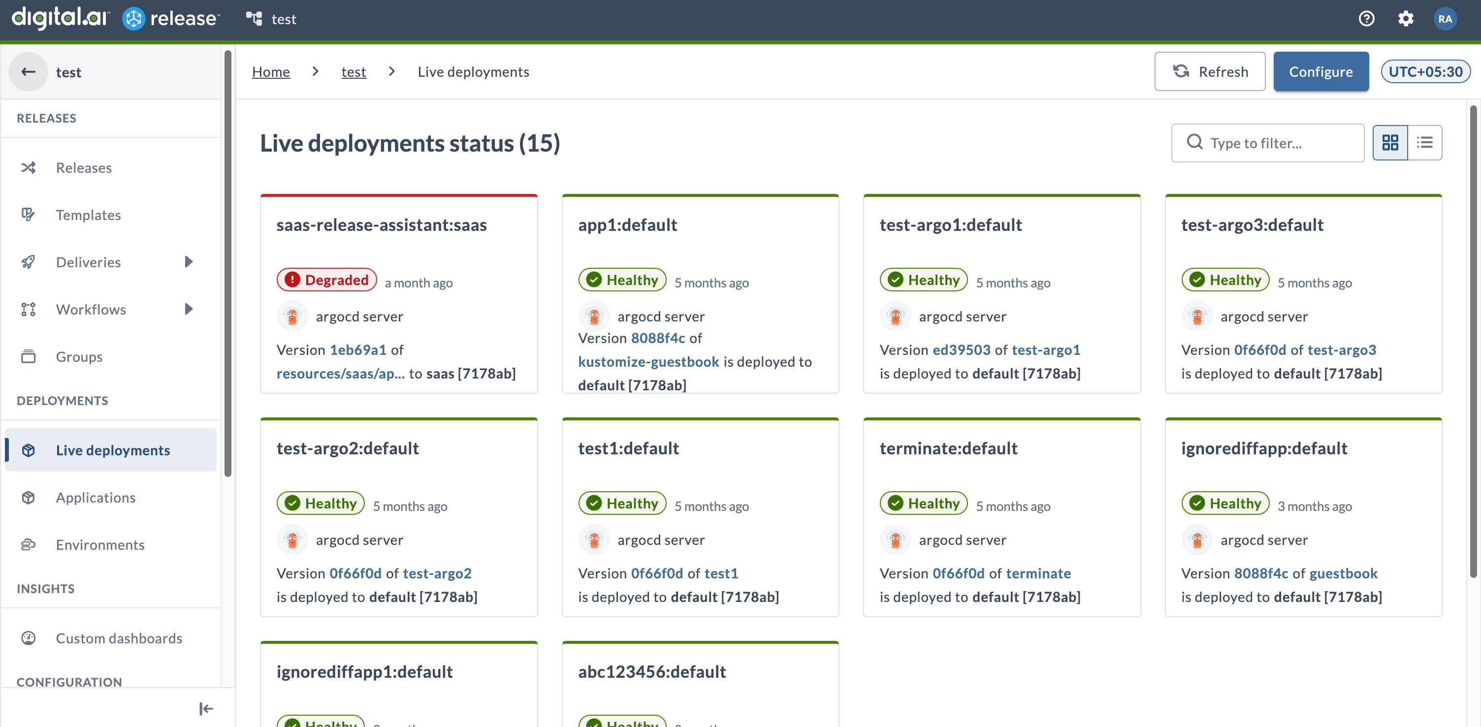 Live Deployments dashboard in card view