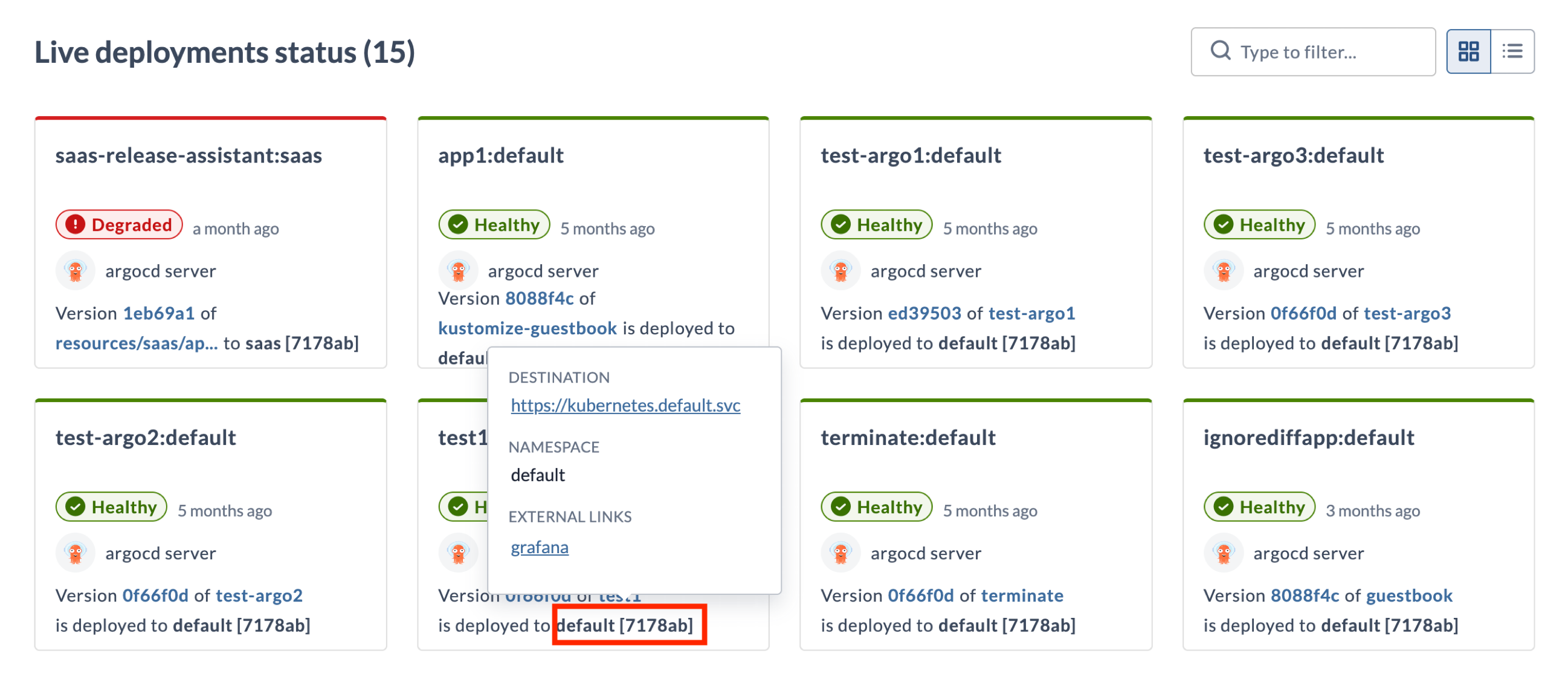 Destination tooltip on a Live Deployments card
