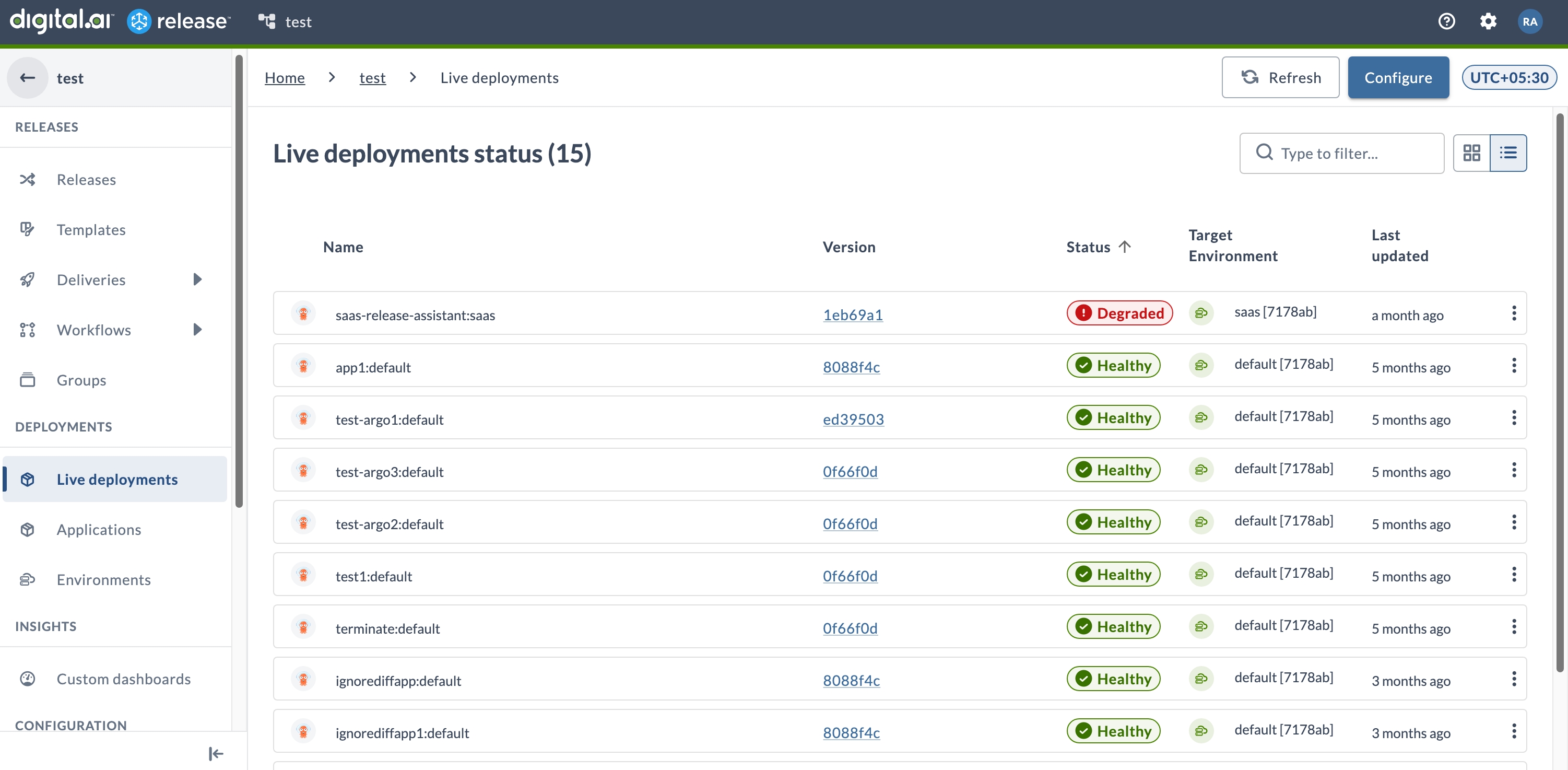 Live Deployments dashboard in list view