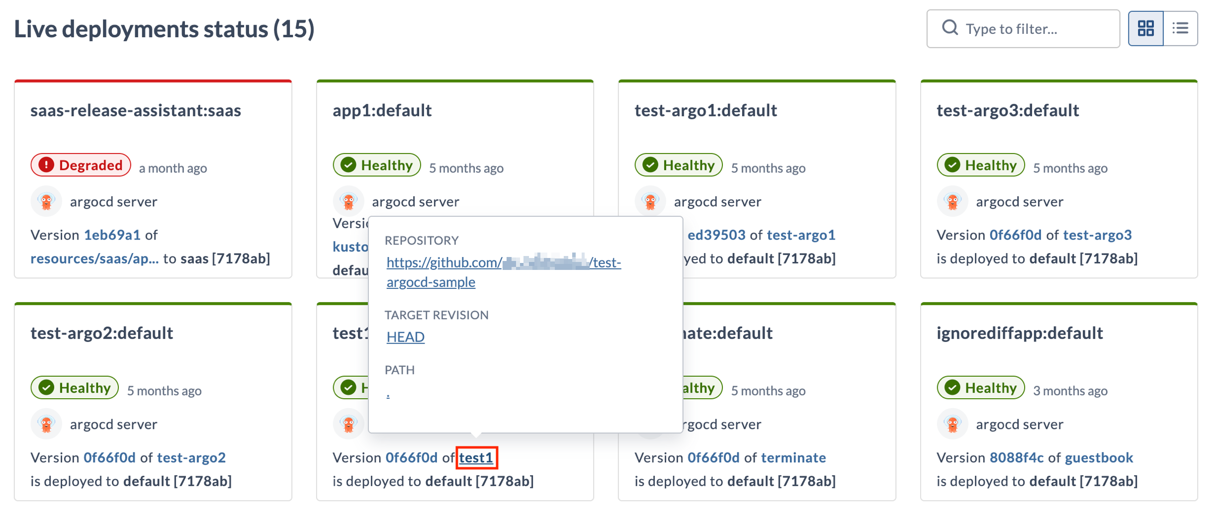 Repository tooltip on a Live Deployments card