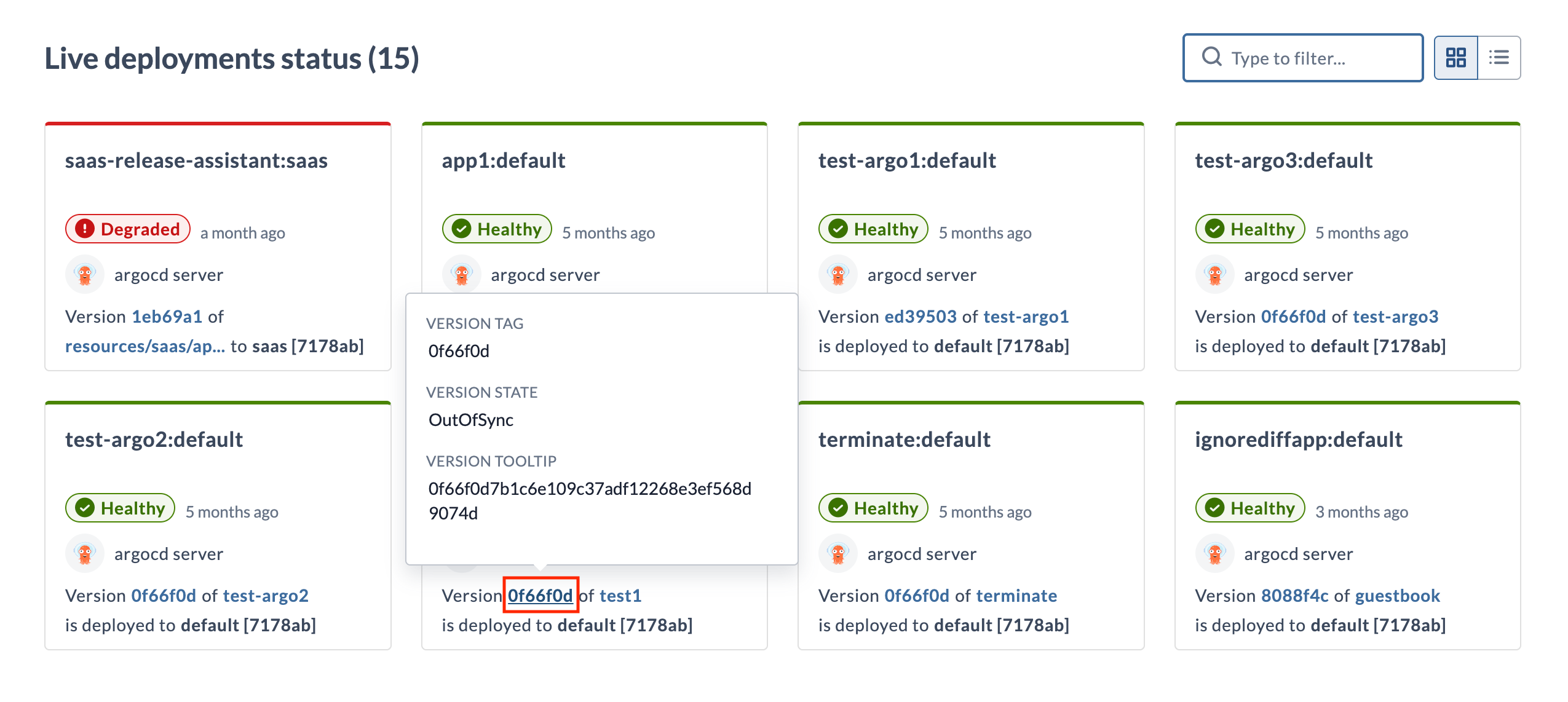 Version tooltip on a Live Deployments card