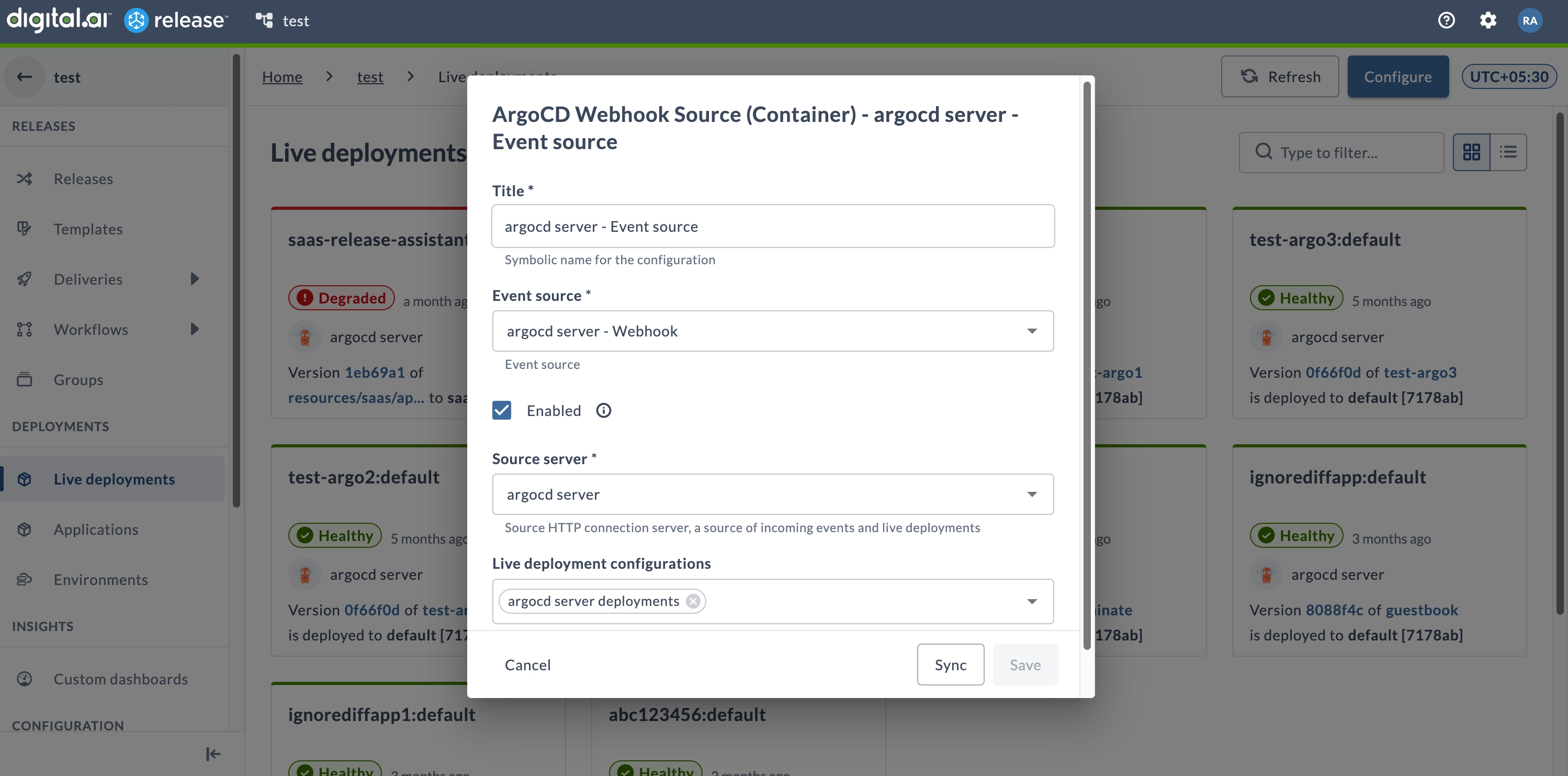 Event source configuration for a deployment provider