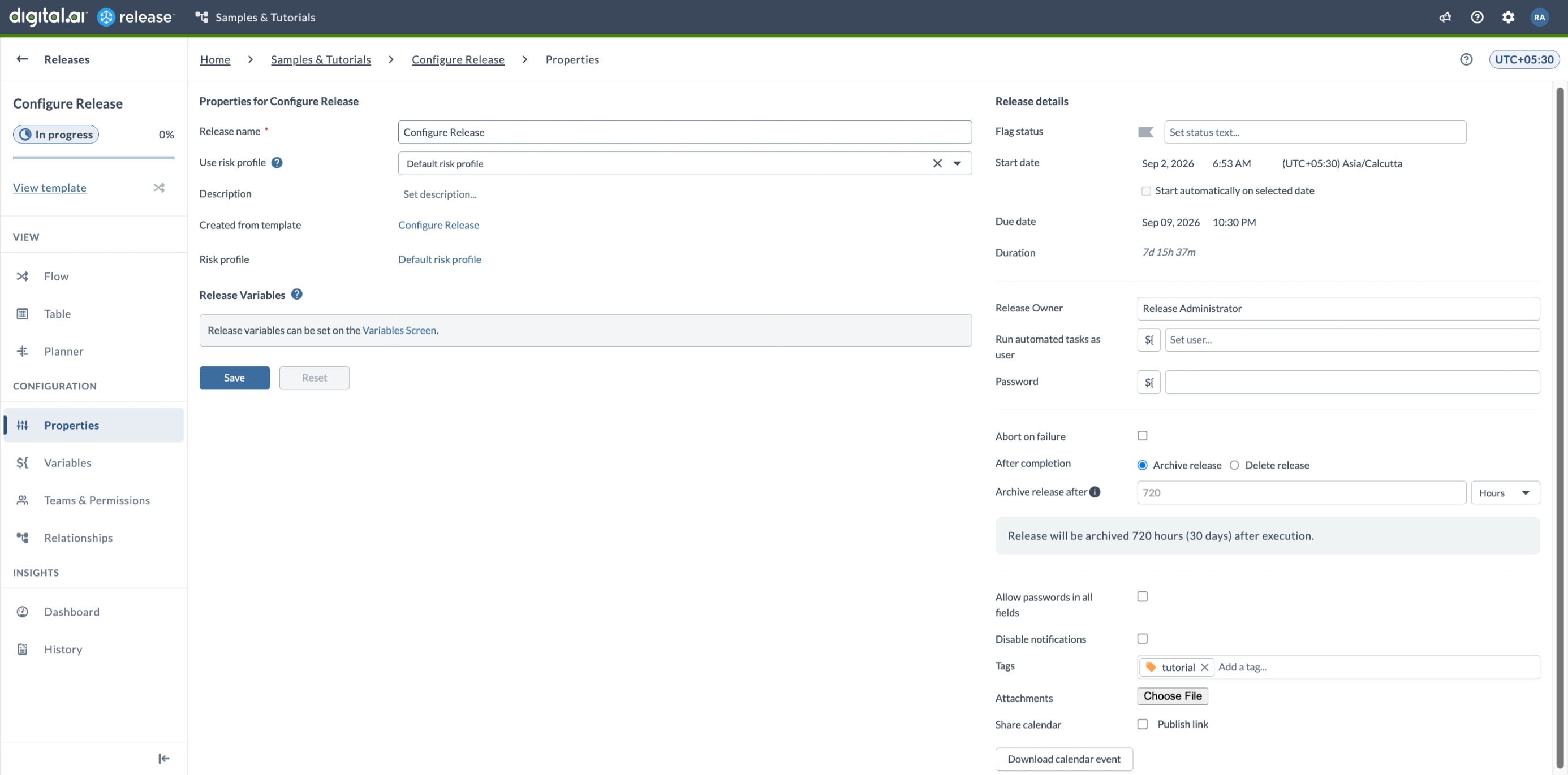 Properties page for a release, showing release metadata on the left and the Release details pane with execution, archiving, and notification settings on the right