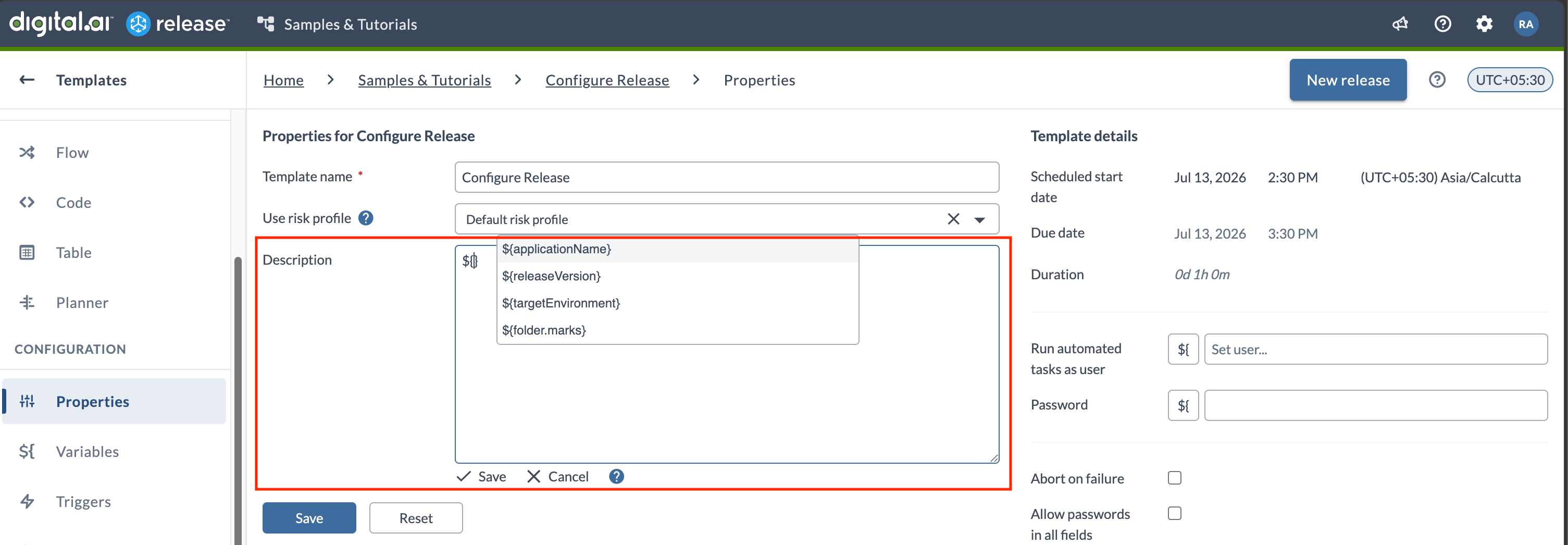 Variable suggestion list in a description field
