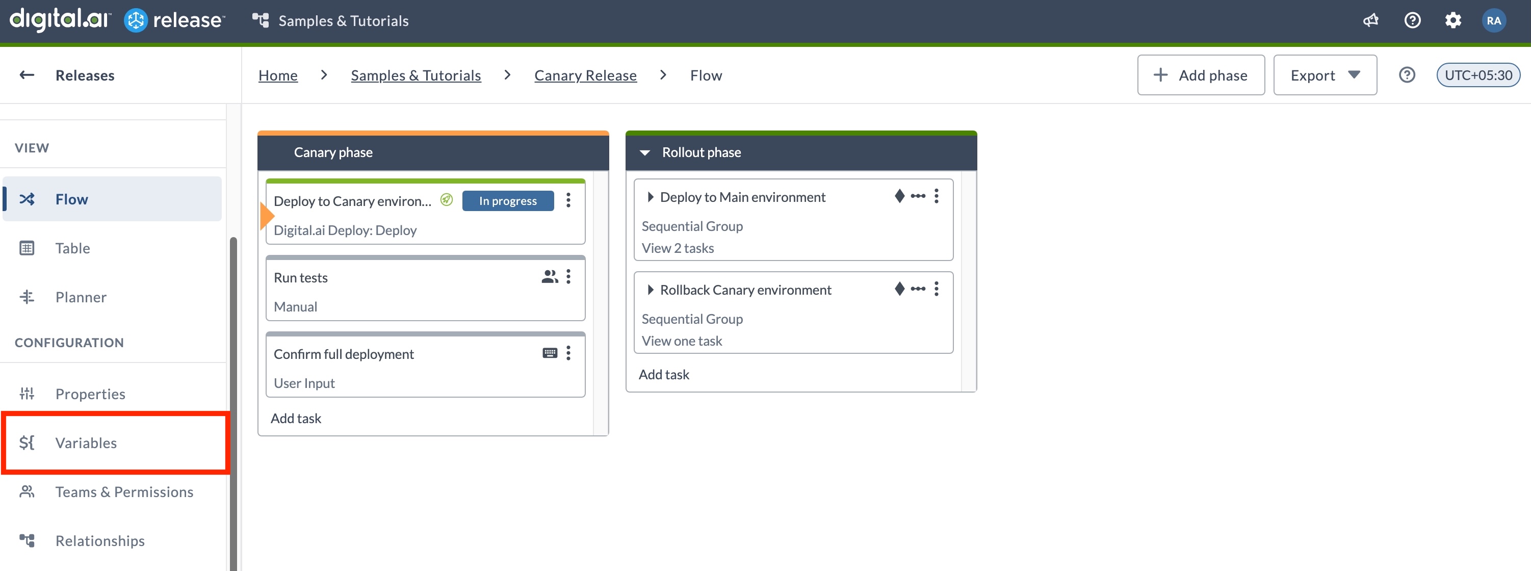 Release view of the Variables screen