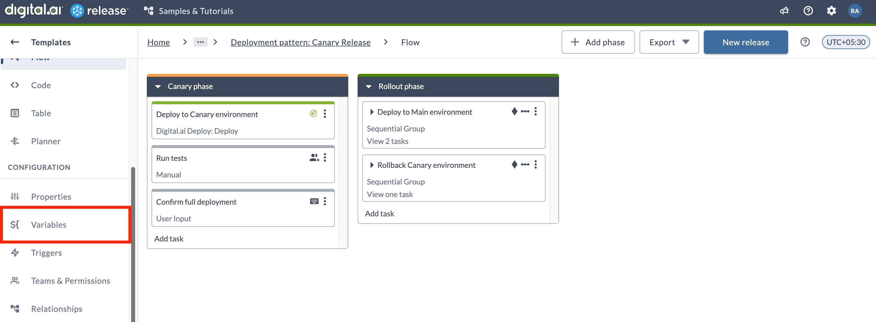 Template view of the Variables screen