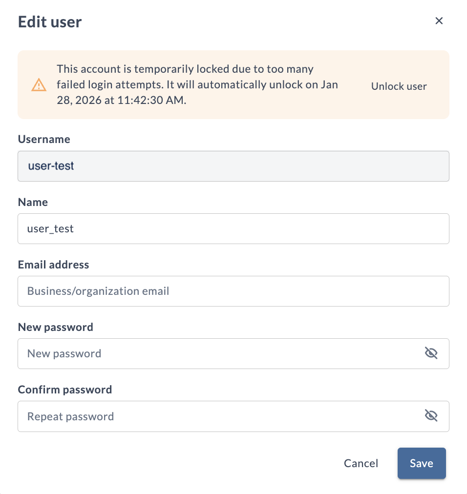Edit user screen showing unlock banner
