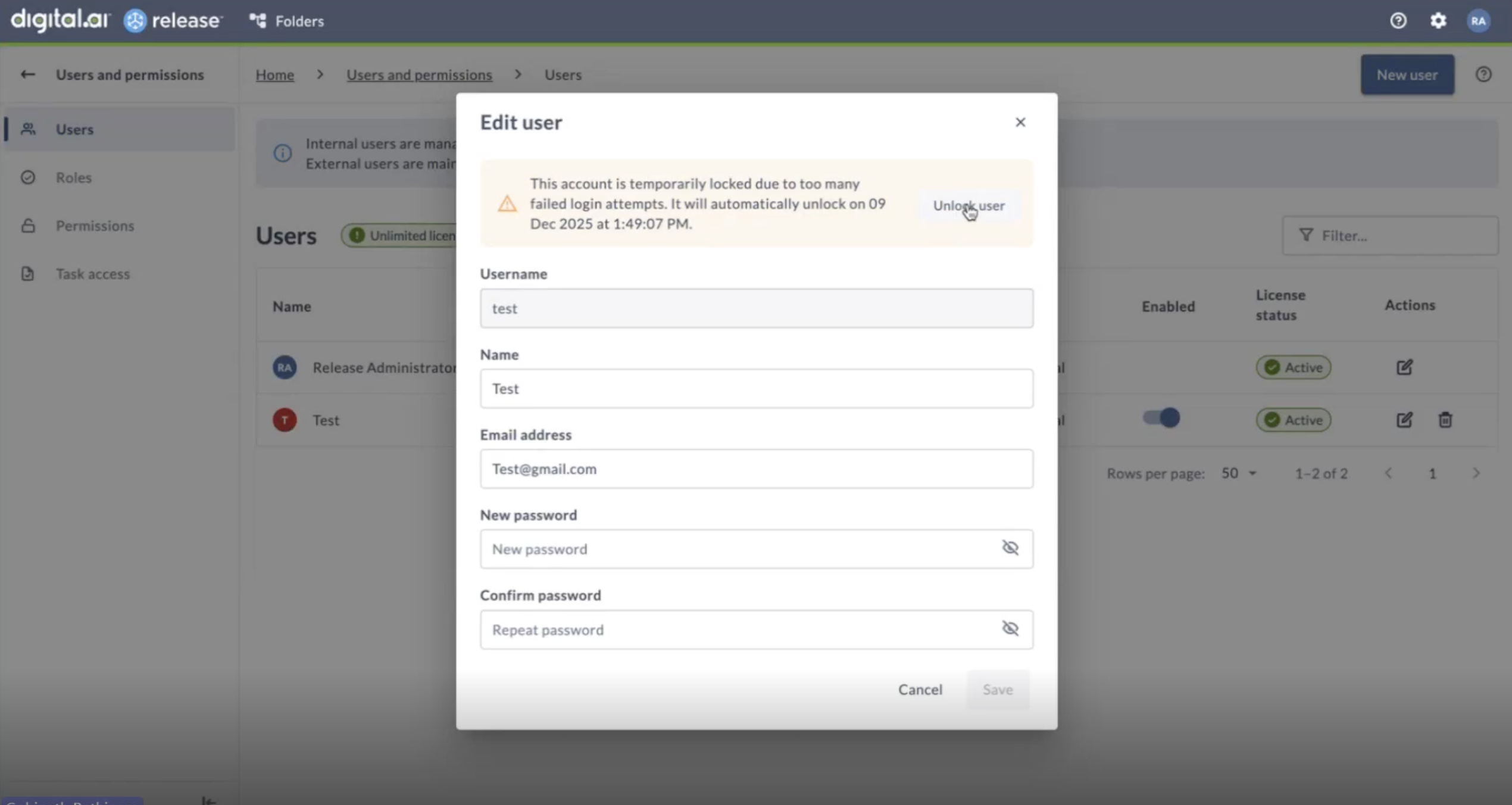 Edit user screen showing unlock banner