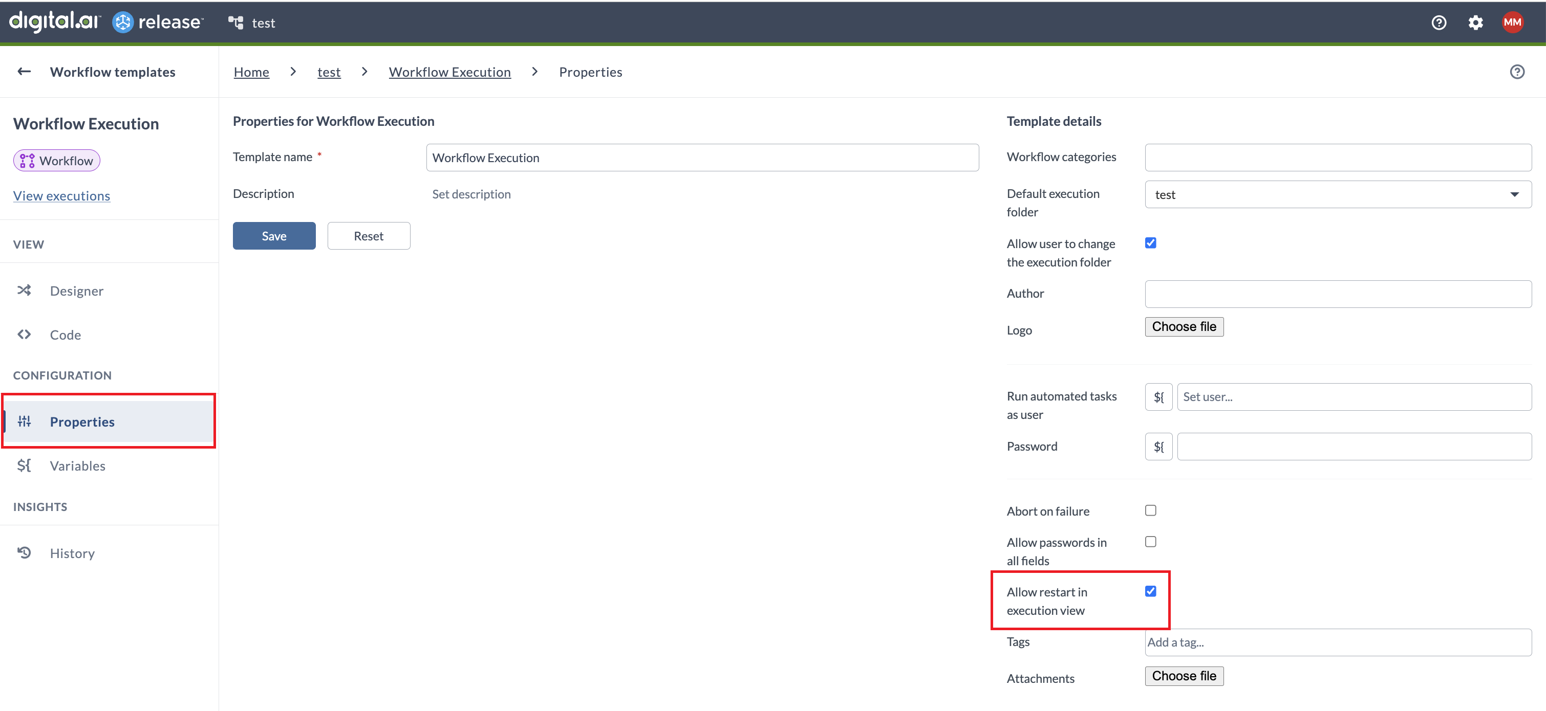 Allow restart in execution view
