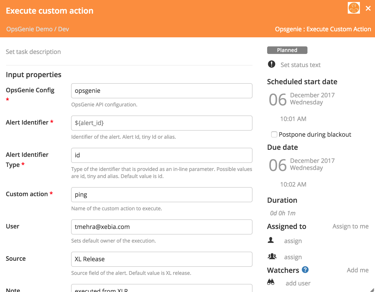 screenshot of Custom Action Alert