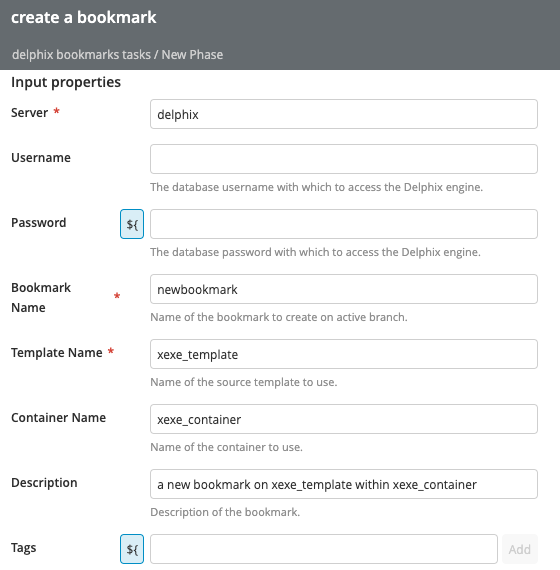 Delphix Create Bookmark task