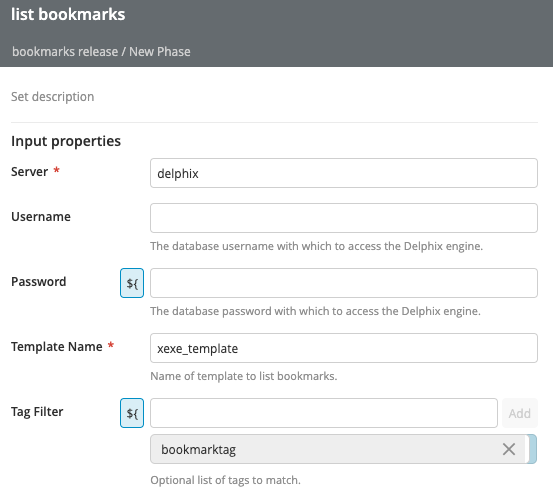 Delphix List Bookmarks task