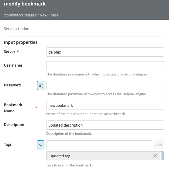 Delphix Modify Bookmark task