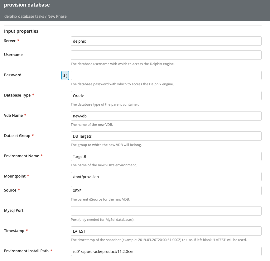 Delphix Provision Database task