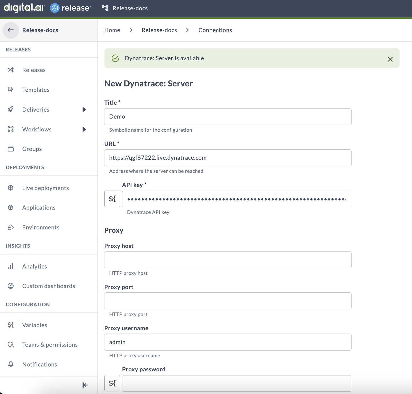 Screenshot of Dynatrace Configuration