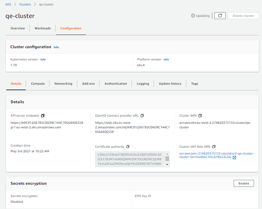 EKS cluster configuration