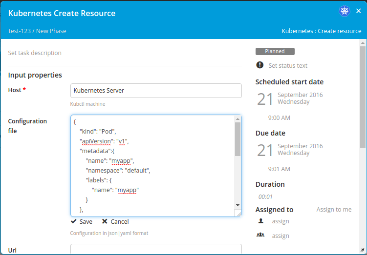 Kubernetes Create Resource task with configuration file