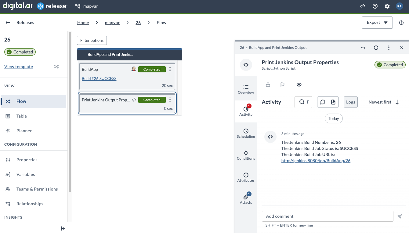 View output in Activity tab
