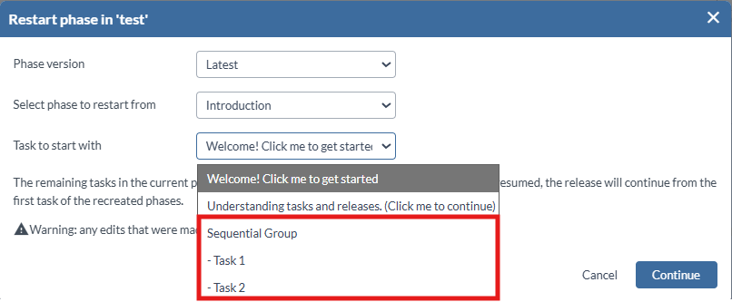 Phase Restart Task dropdown