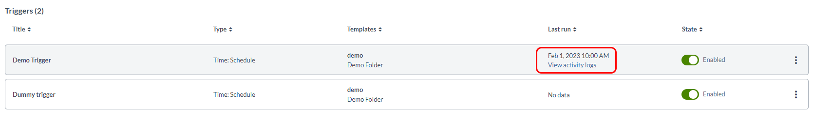 Properties and activity log