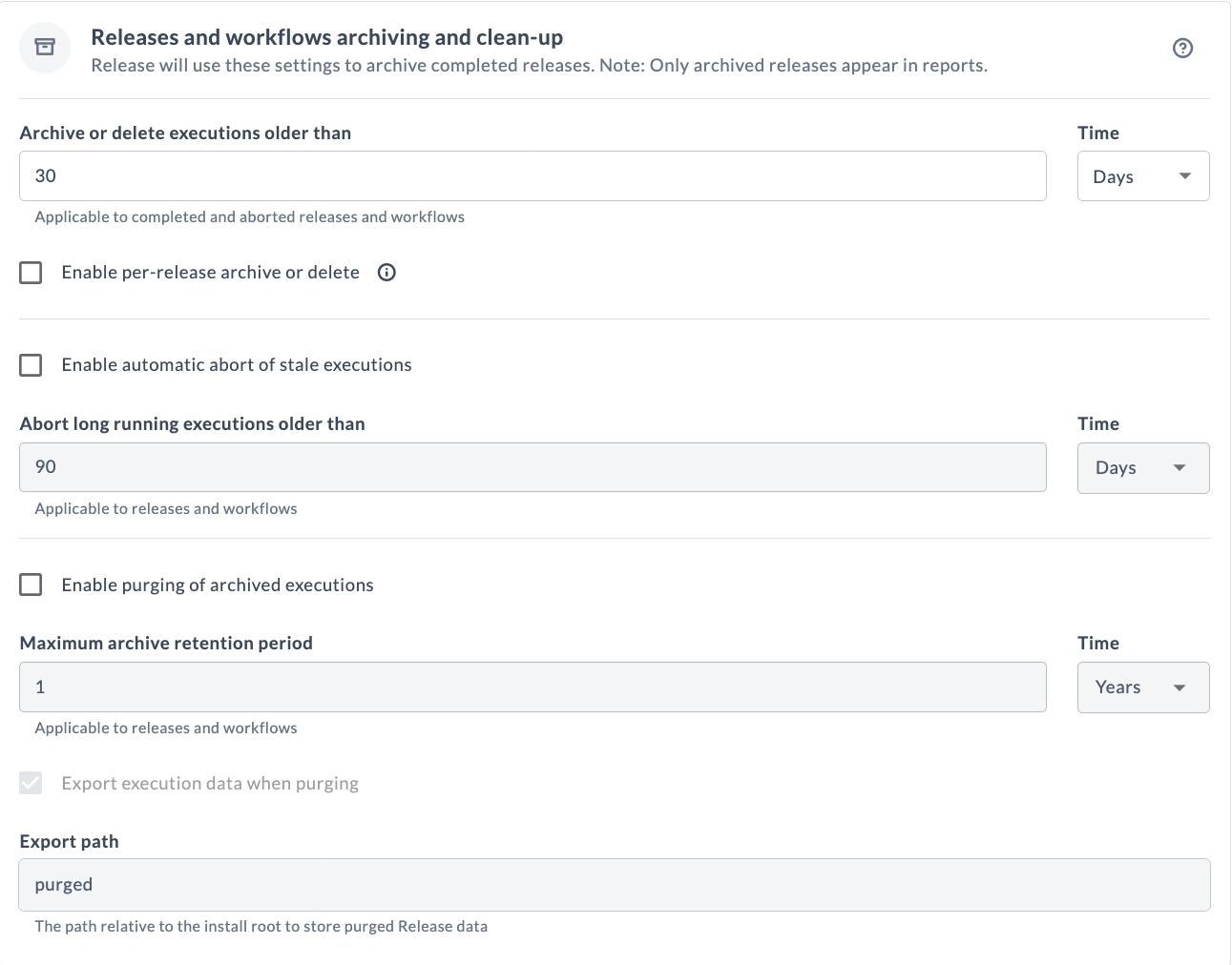 Releases and workflows archiving and clean-up settings, showing the archive or delete age, the per-release archive or delete option, stale execution abort, and purging options