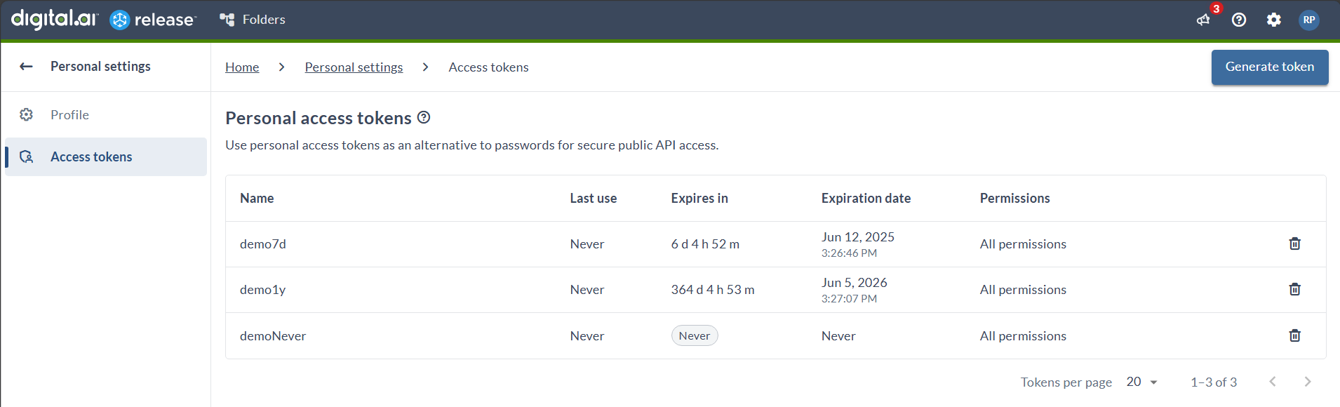 Token Expiration Table