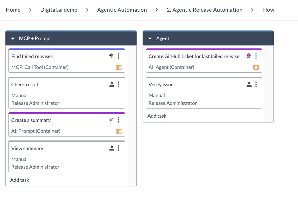 Agentic Release Automation template flow showing the MCP plus Prompt phase and the Agent phase