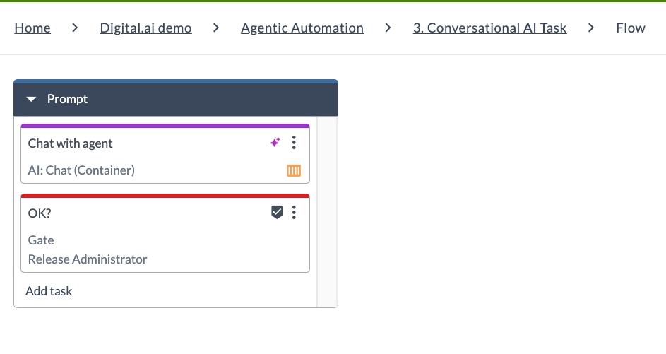 Conversational AI Task template flow showing a single Prompt phase