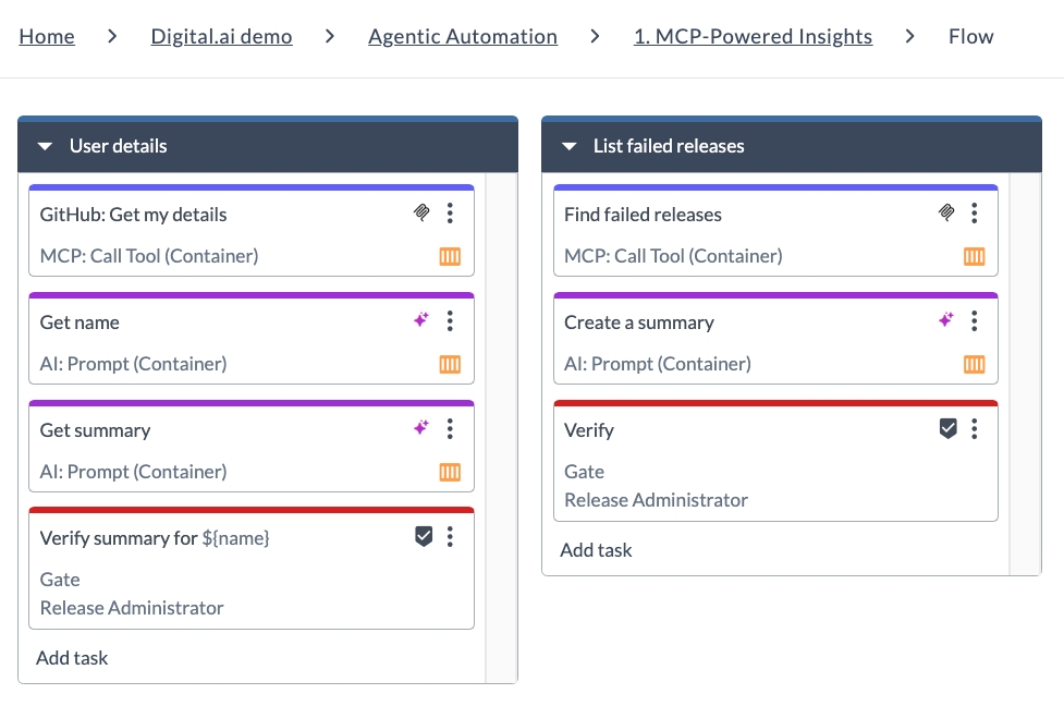 MCP-Powered Insights template flow showing the User details and List failed releases phases