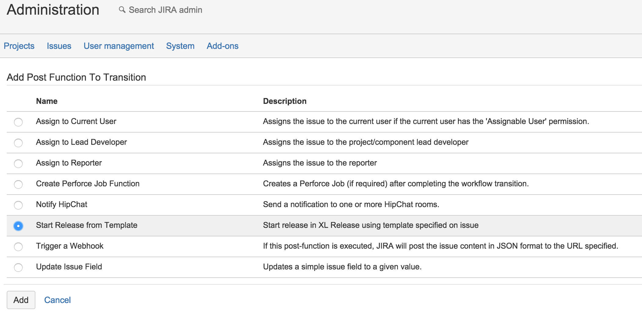 Sample PostFunction Selection