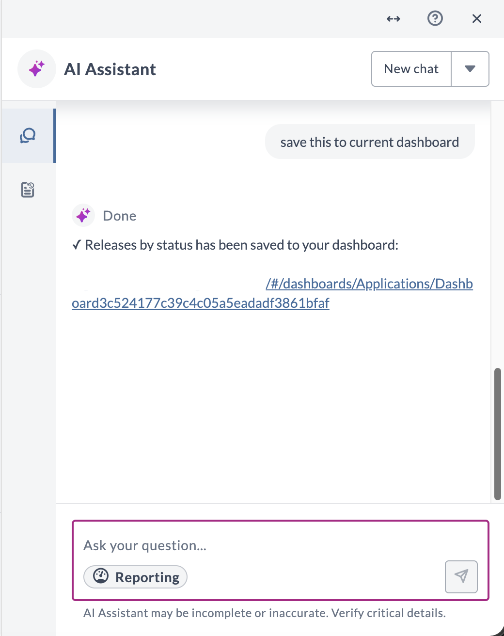 Saving a reporting result as a dashboard tile