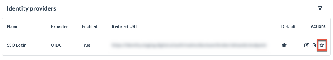 Screenshot of the Identity providers page highlighting set as default star