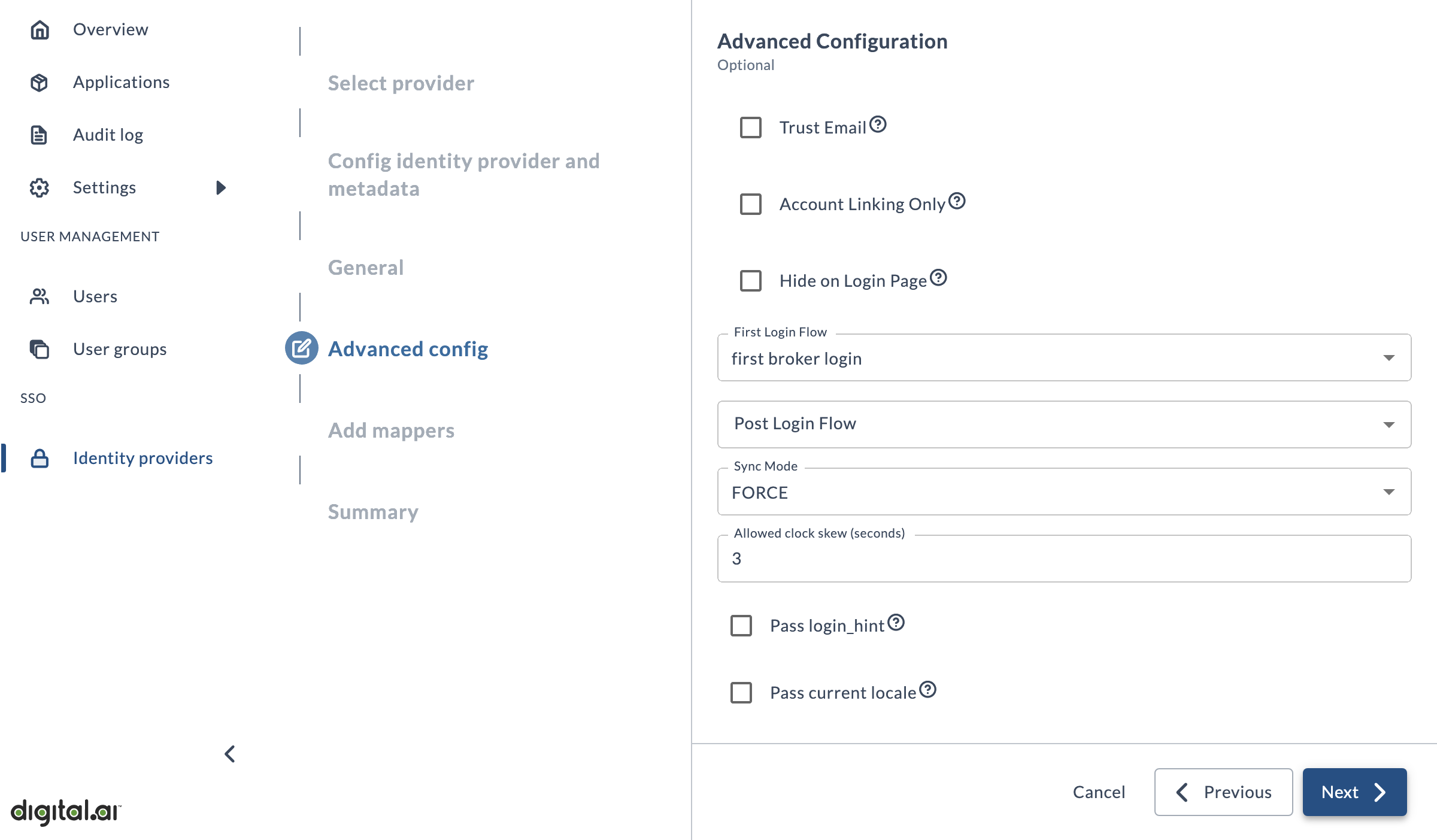 Screenshot of the Advanced config page