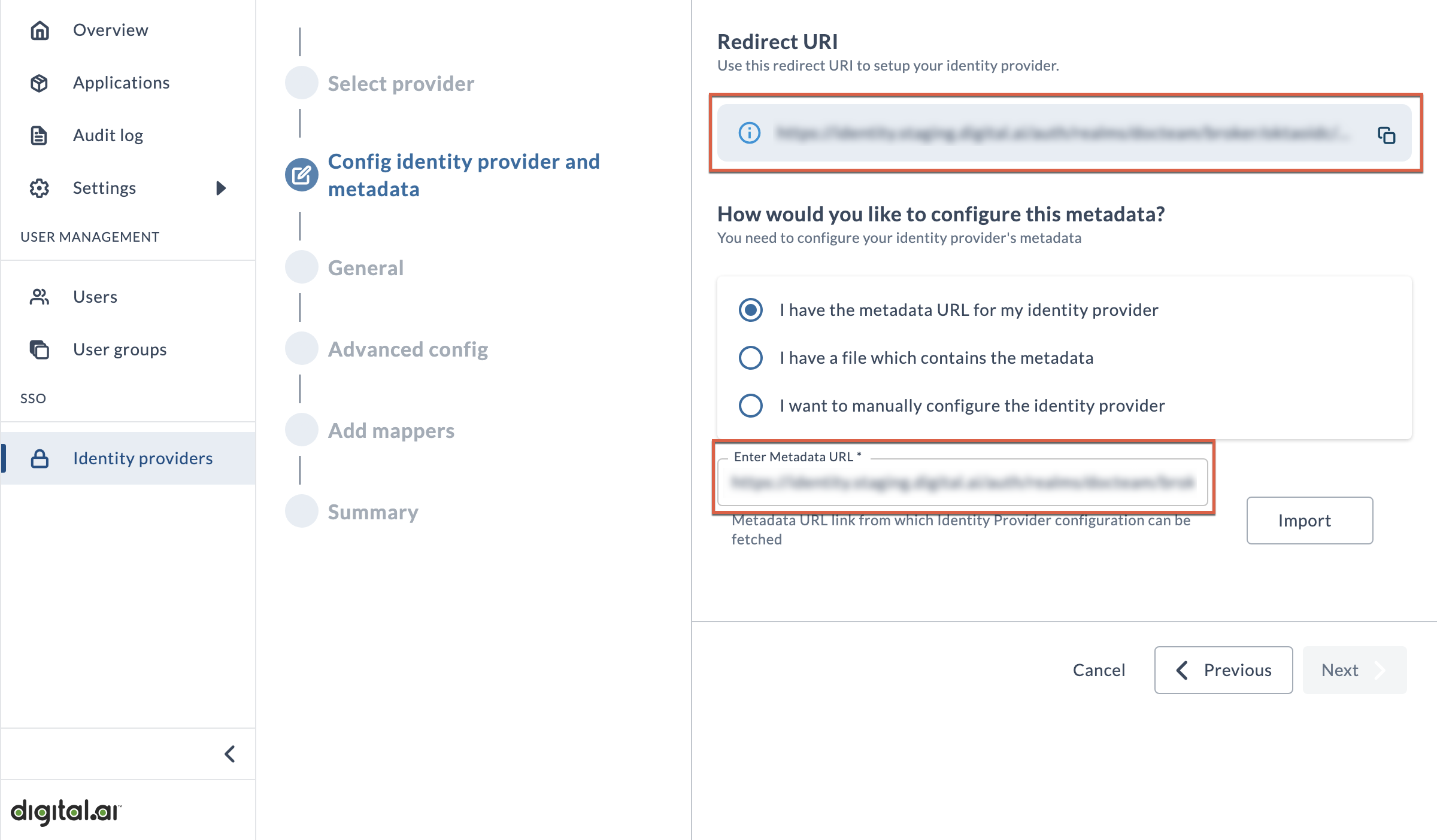 Screenshot of the Config identity provider and metadata page