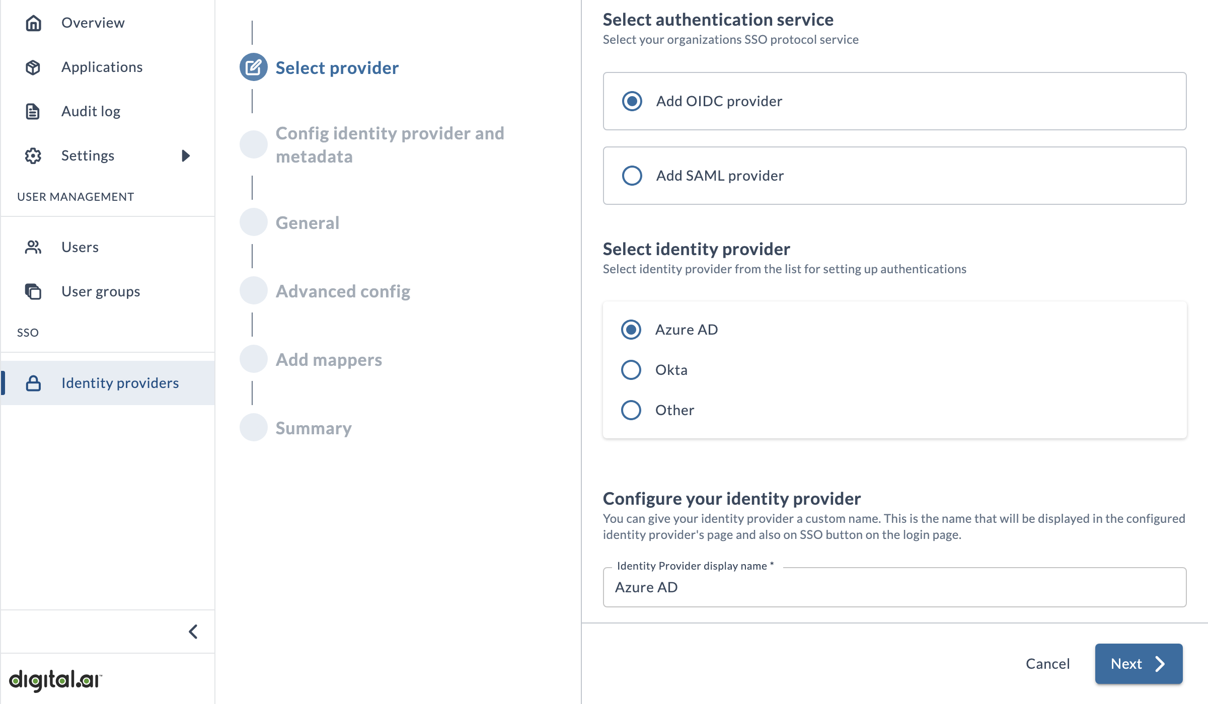 Screenshot of the Select provider page