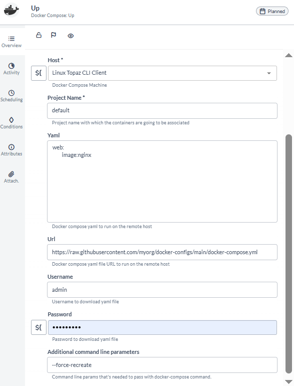 Docker Compose Up task with inline configuration