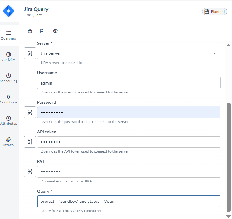 Empty template for Query JIRA task