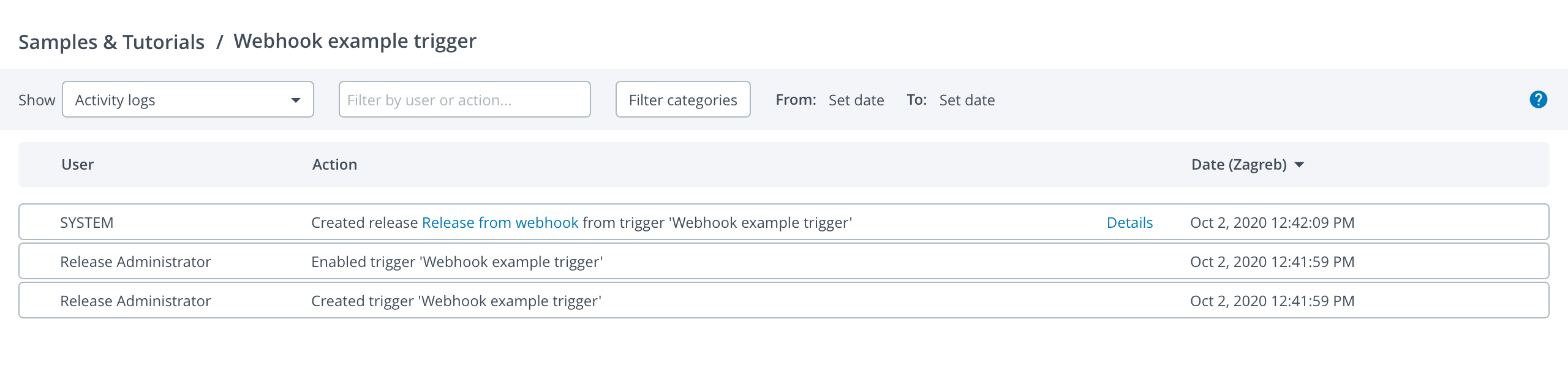 Trigger activity logs page