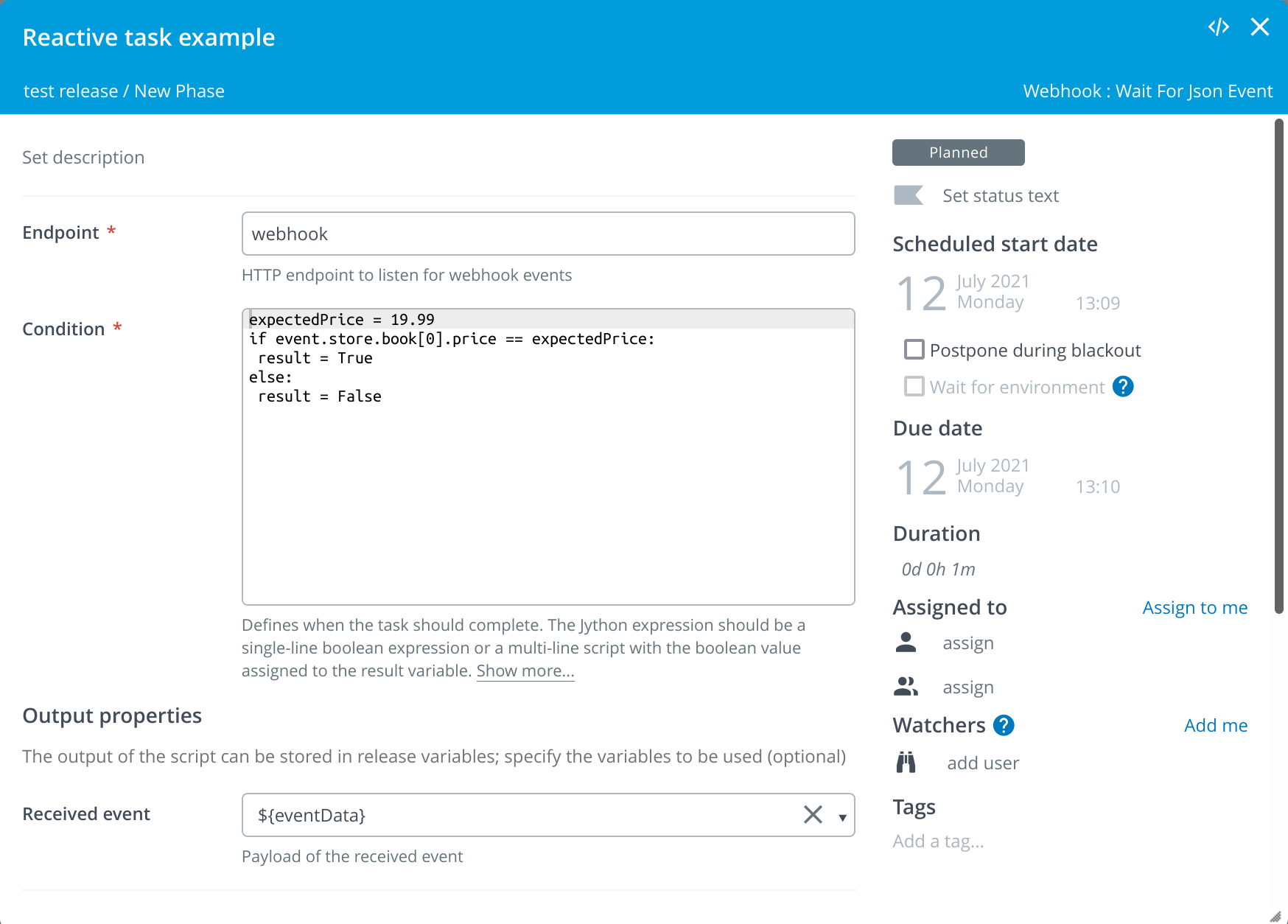 Webhook task wait for json event example