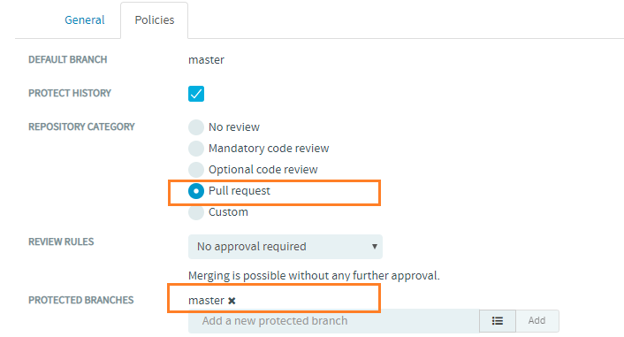 "master" added as the default protected branch for repositories of type "Pull request"