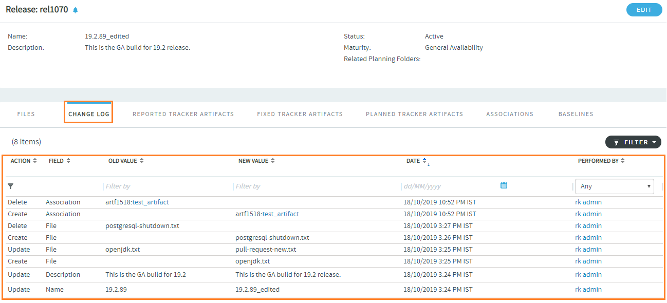 "Change Log" tab that tracks changes to a file release