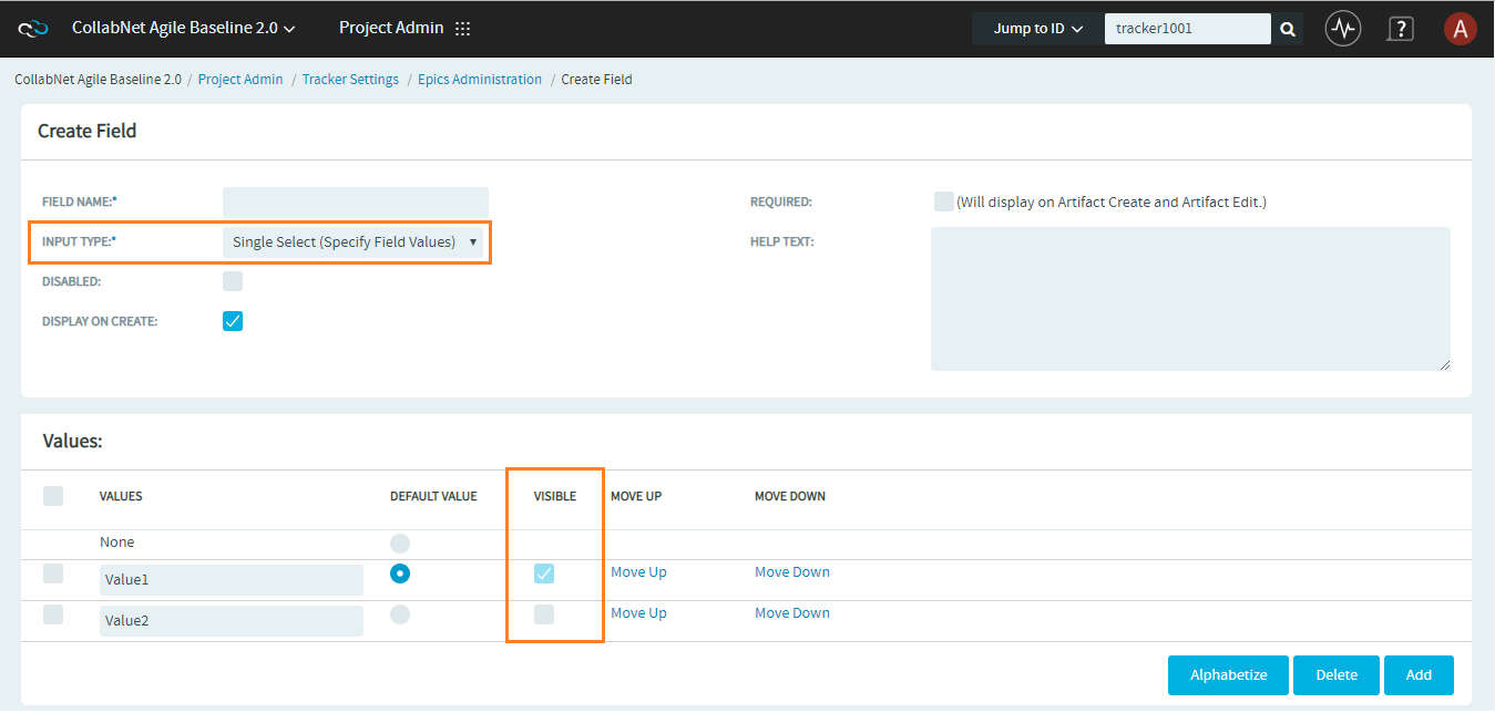 "Visible" check box for single-select field values