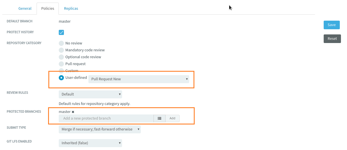 "master" added as the default protected branch for the user-defined repository category "Pull Request New"