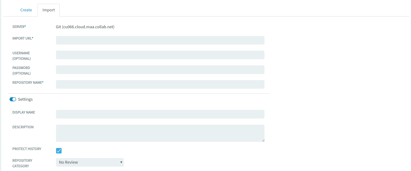 The Import repository tab with the Settings toggle button selected