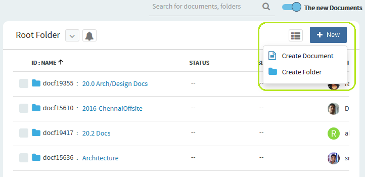 Create new document/folder drop-down menu