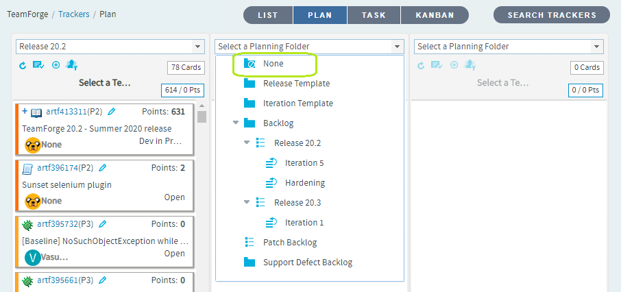 View artifacts that are not assigned to any planning folder