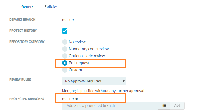 &quot;master&quot; added as default protected branch for the repository category &quot;Pull request&quot;