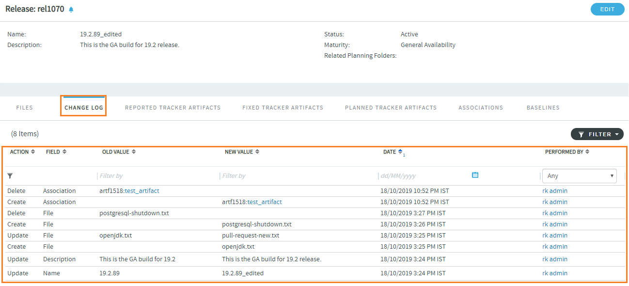 &quot;Change Log&quot; tab that tracks changes to a file release