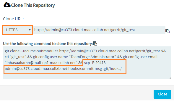 HTTPS clone URL with SCP-based commit message hook