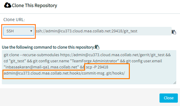 SSH clone URL with SCP-based commit message hook